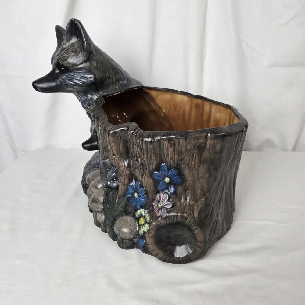 Vintage Woodland Fox & Kit Tree Stump Planter Ceramic Pot Decorative Art